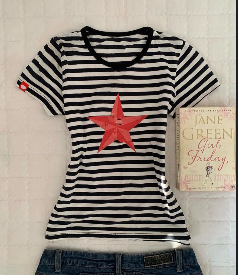 Striped baby tee with Red Star Graphic