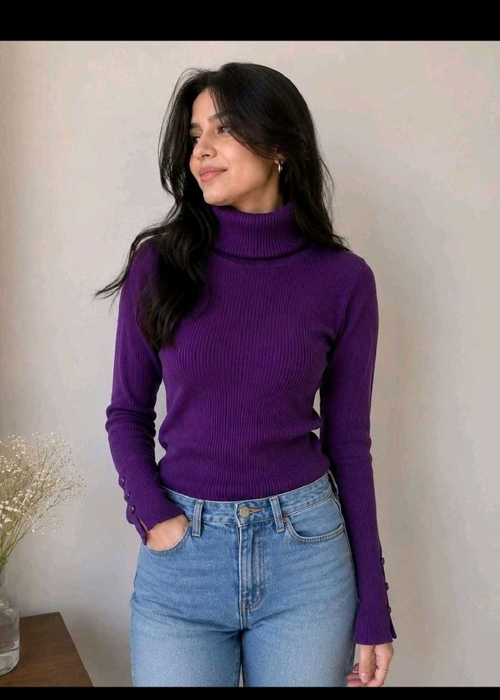 Ribbed Purple Turtleneck Top