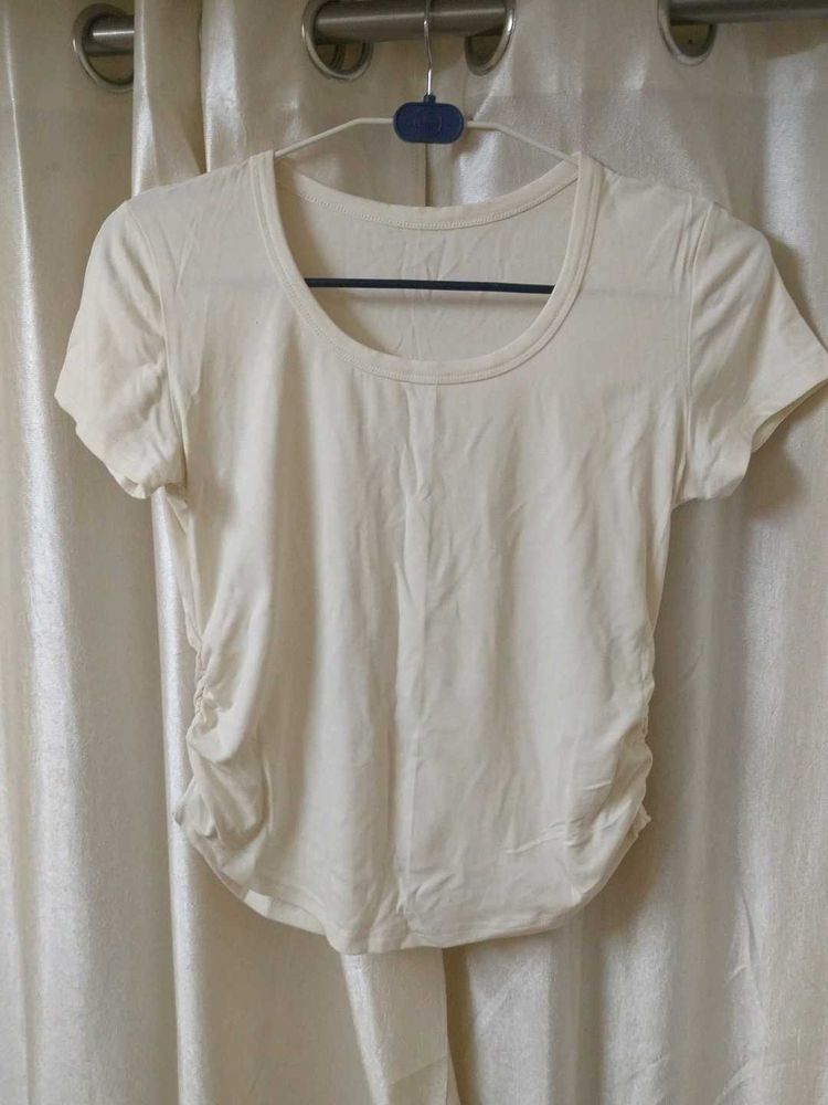 Cream Ruched Side T-Shirt