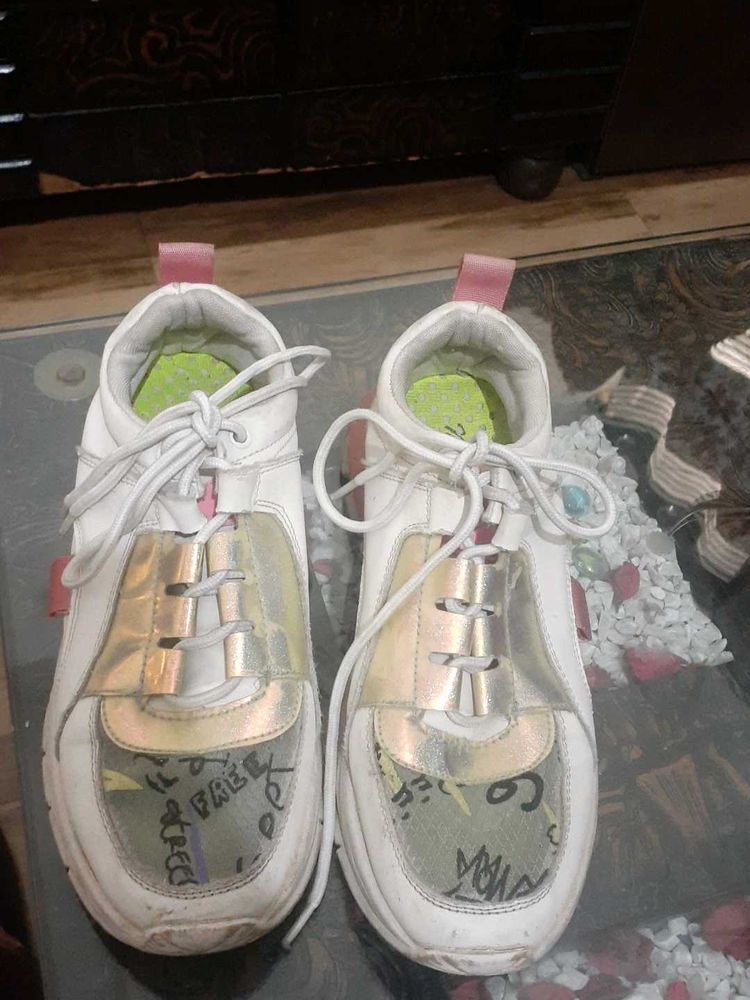 Stylish White &amp; Gold Chunky Sneakers