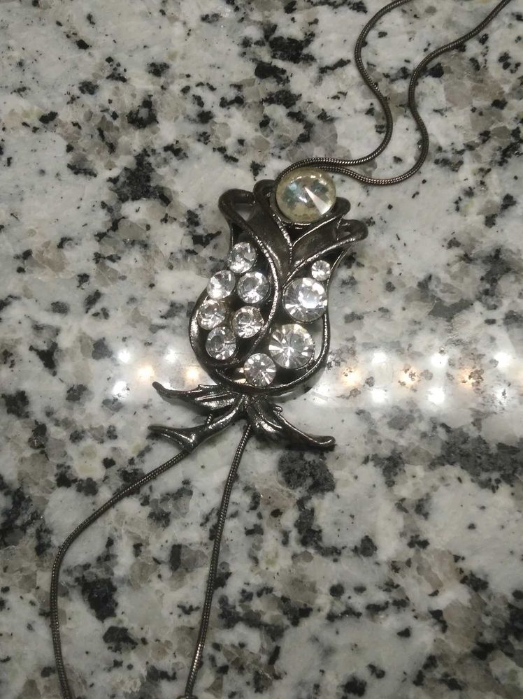Vintage Silver Tone Crystal Flower Pendant