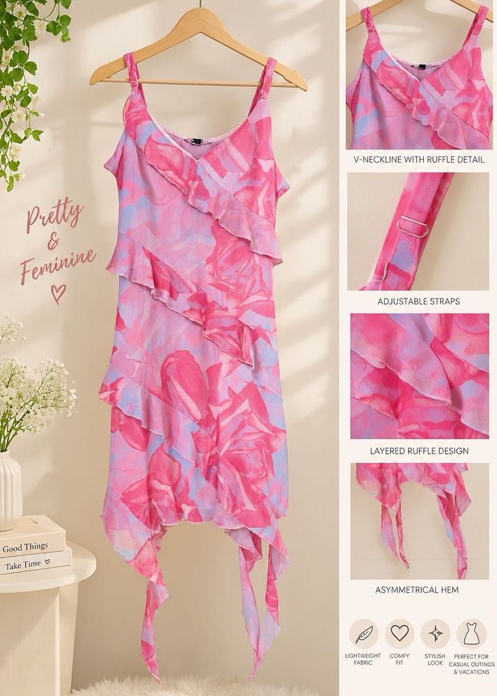 Chic Pink Floral Tiered Dress