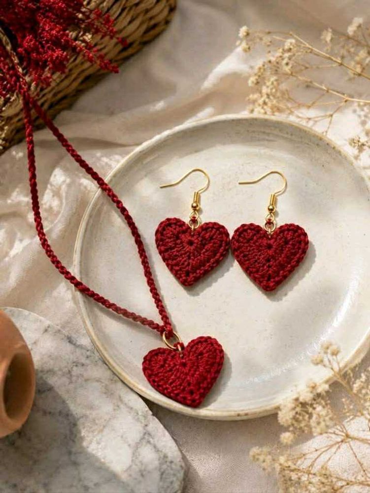 Crochet heart Necklace &amp; Earrings Set❤