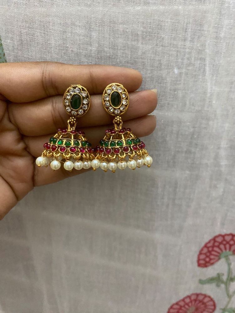 Gold Tone Jhumka Earrings with Pearls