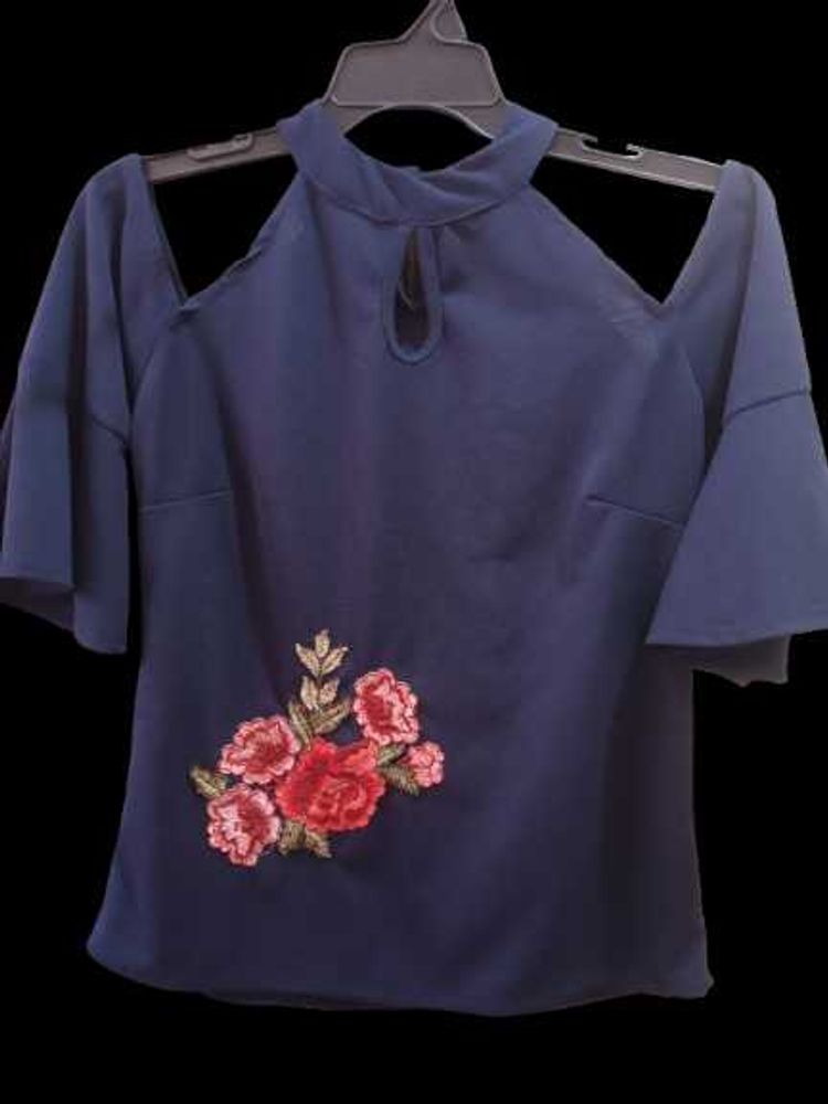 Navy Blue Embroidered Cold Shoulder Top