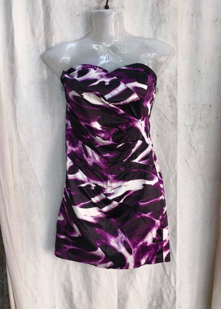 21810. Strapless Purple &amp; White Print Dress