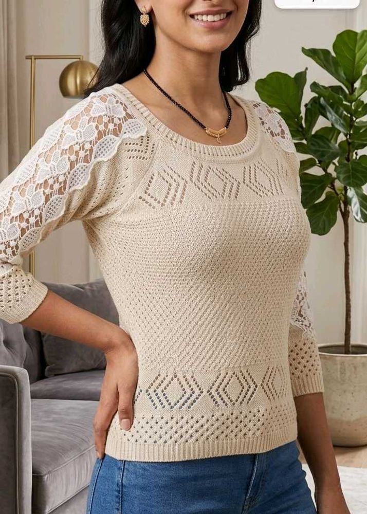 Cream Lace Sleeve Knit Sweater