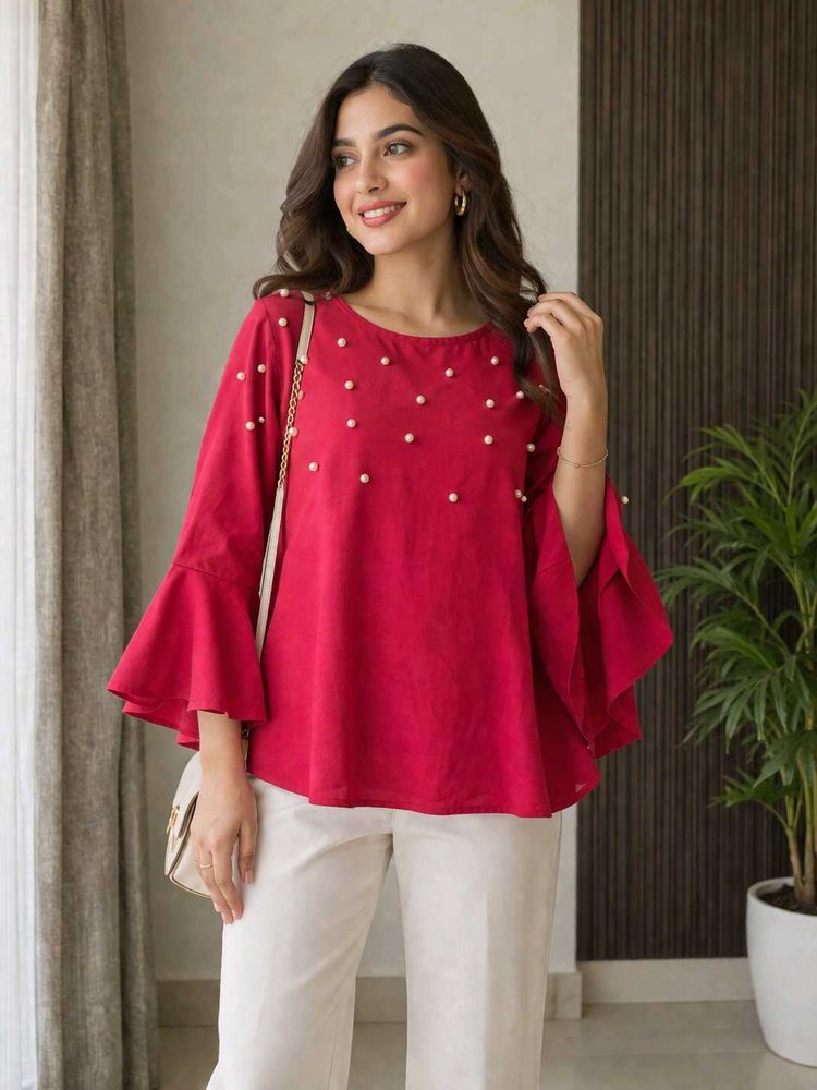 Stylish Red Pearl Embellished Kurta