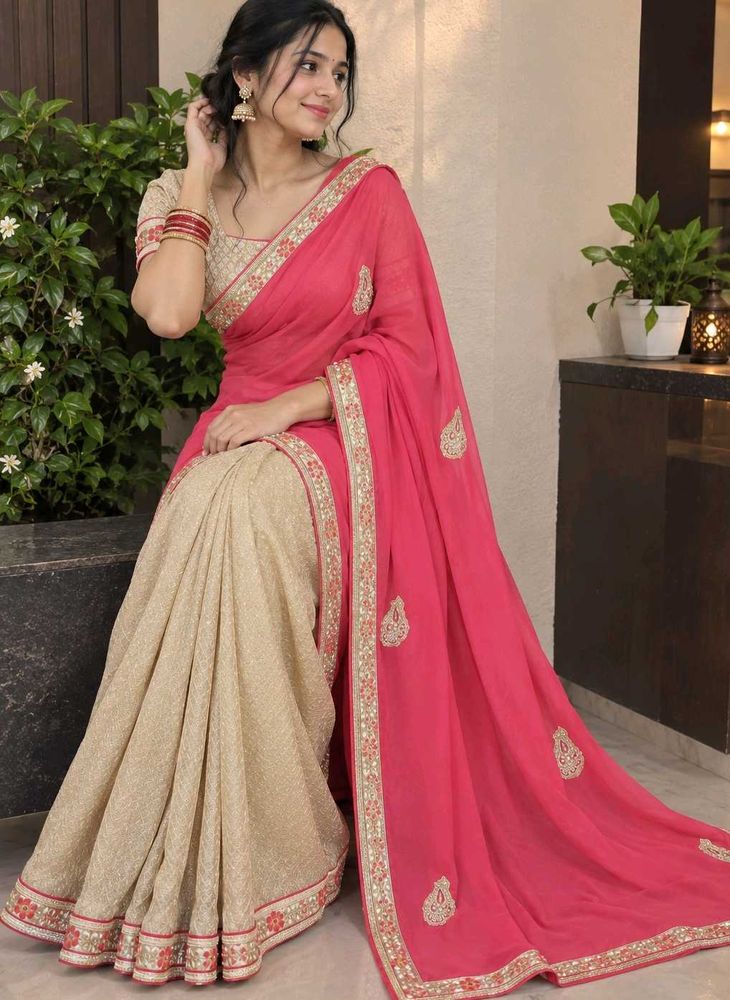 Elegant Pink &amp; Beige Embellished Saree