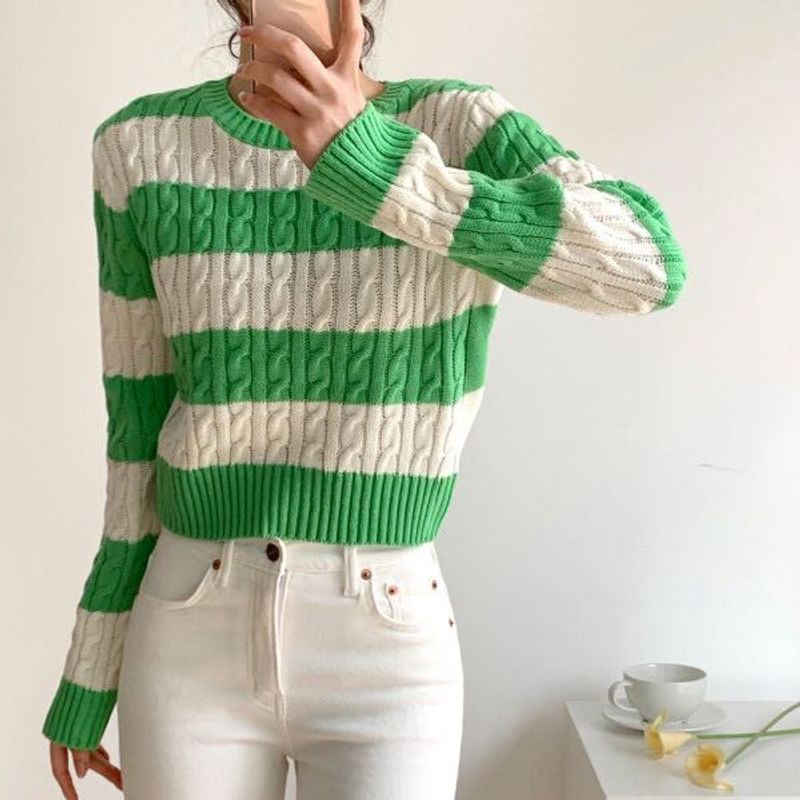 Green &amp; Cream Striped Cable Knit Sweater
