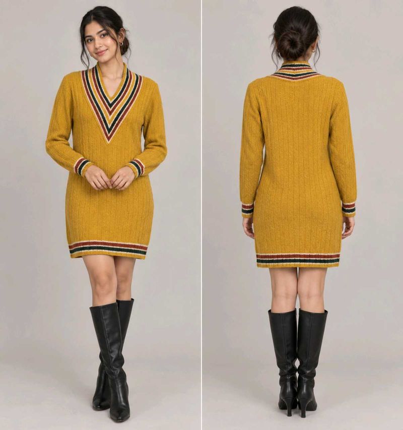 Retro Mustard V-Neck Knit Dress