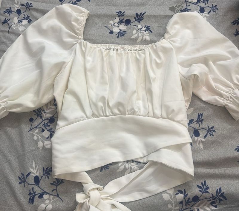 White Puff Sleeve Square Neck Crop Top