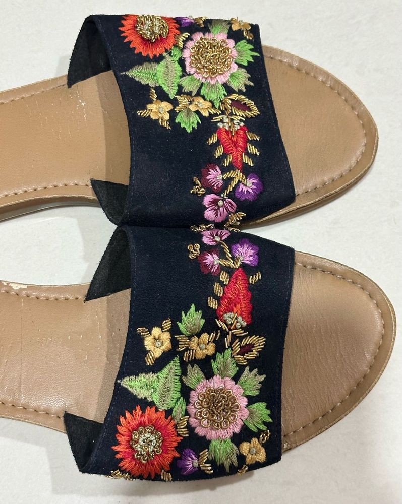Embroidered Navy Blue Flat Sandals
