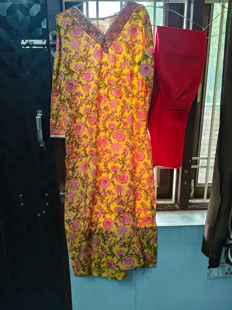 Yellow Floral Print Kurta with Red Pants