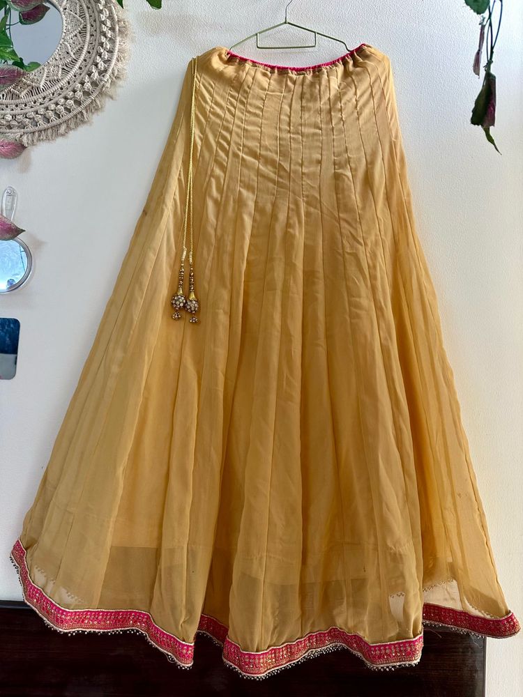Fishcut Golden Lehenga with hot Pink Blouse
