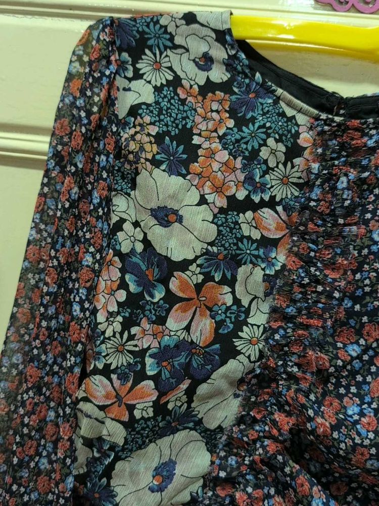 Floral Print Sheer Sleeve Ruffle Dress
