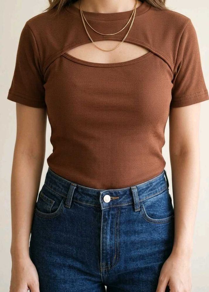 Brown Ribbed Cut-Out Top