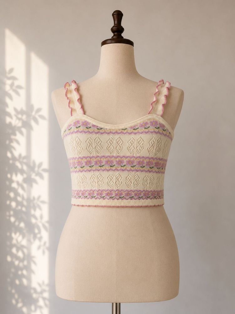 Cream &amp; Pink Floral Knit Crop Top