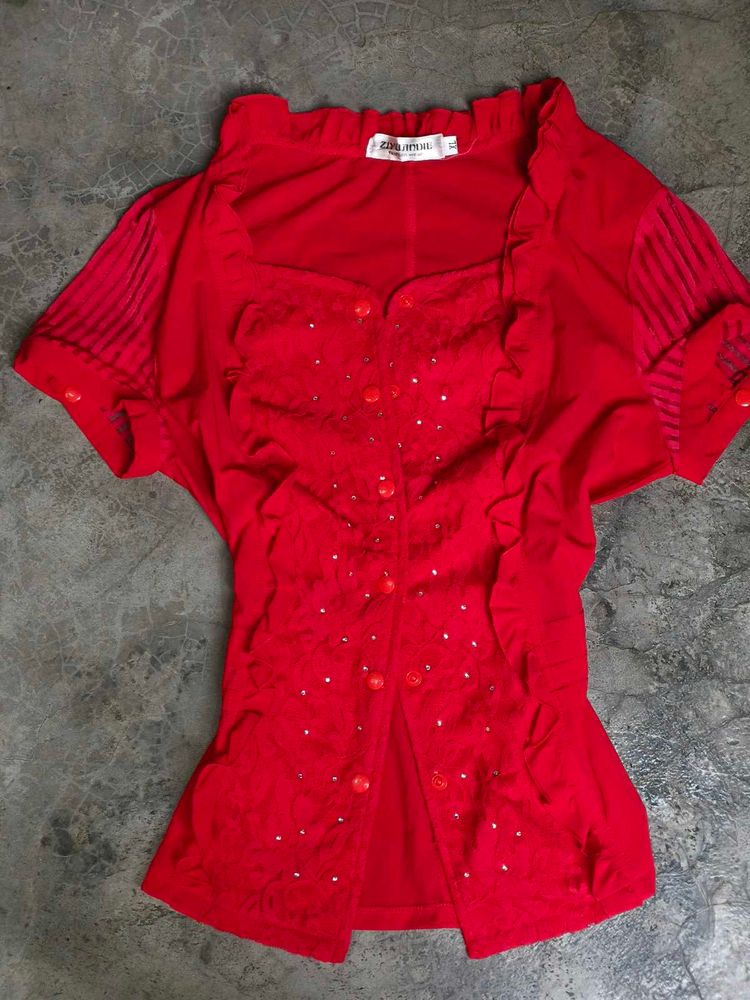 Chic Red Embellished Button-Up Top
