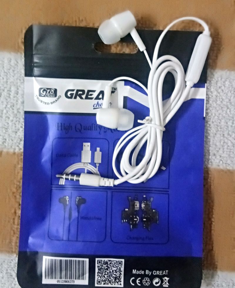 (New) Earphone in white colour good quality pack of 1