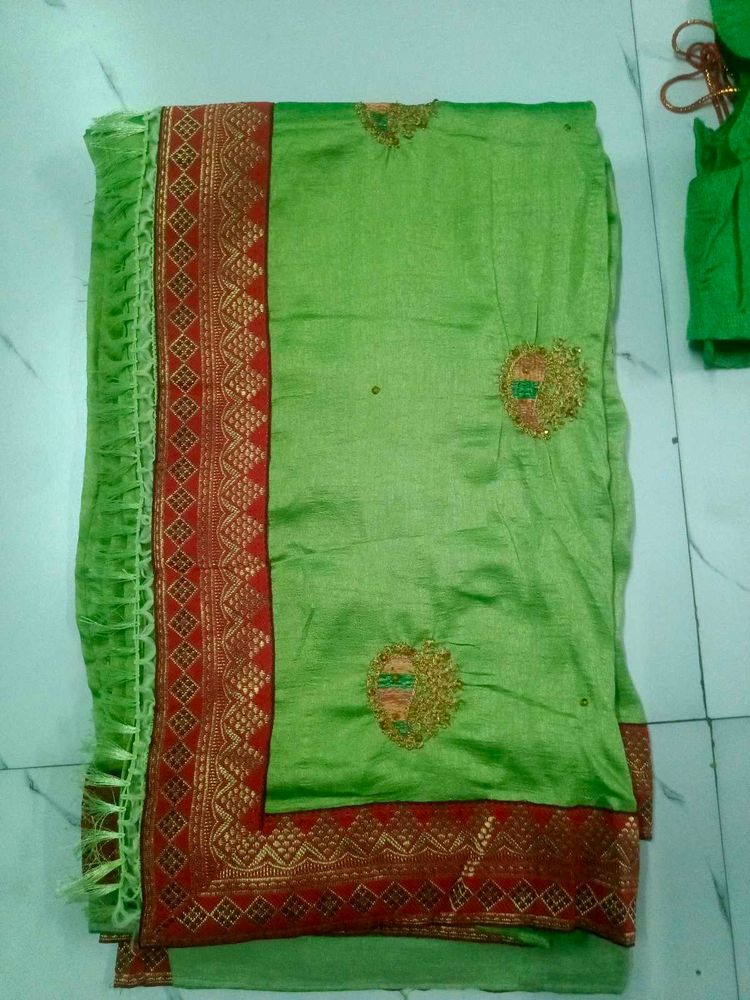 Green Silk Saree with Red Border