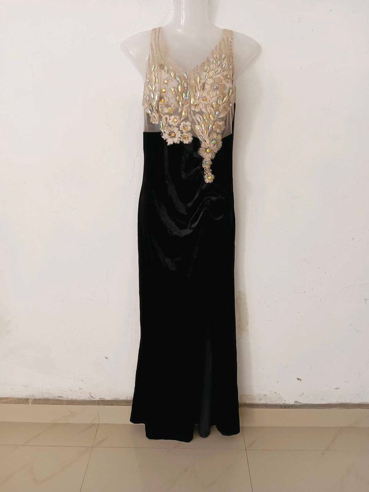 Black Velvet Gown with Embellished Neckline