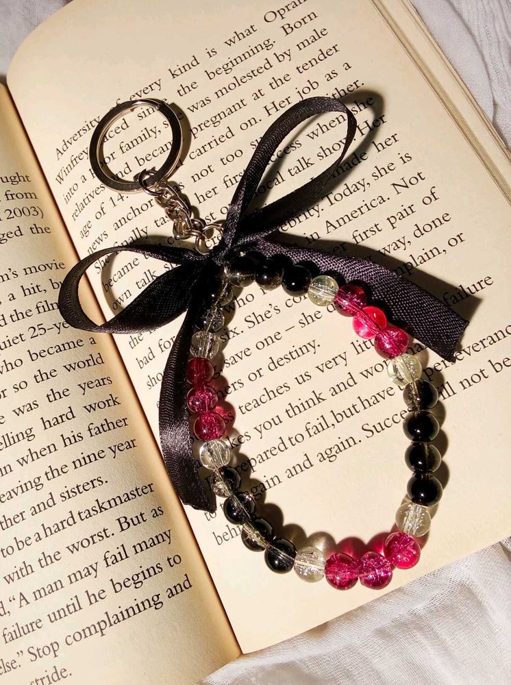 onion pink Beaded Keychain with black ribbon