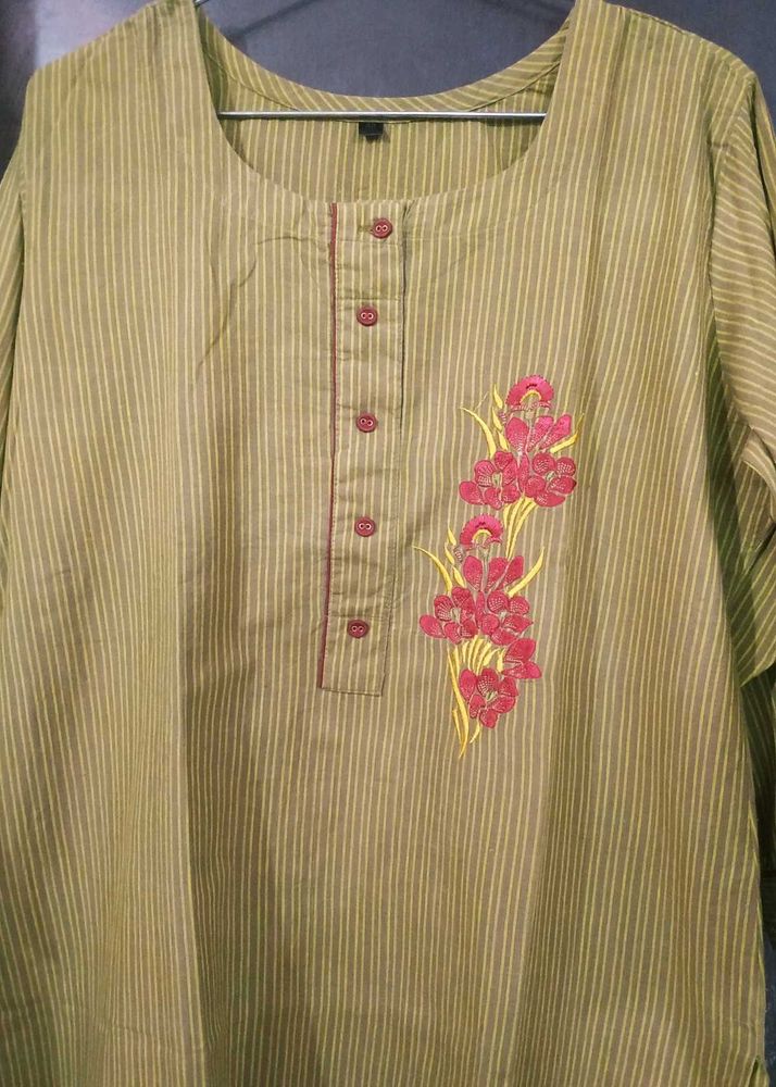 Olive Striped Kurta with Floral Embroidery