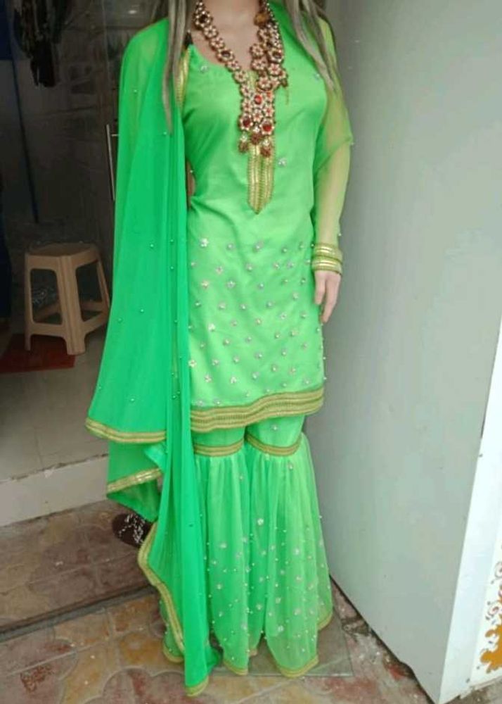 Vibrant Green Sharara Set with Embellishments