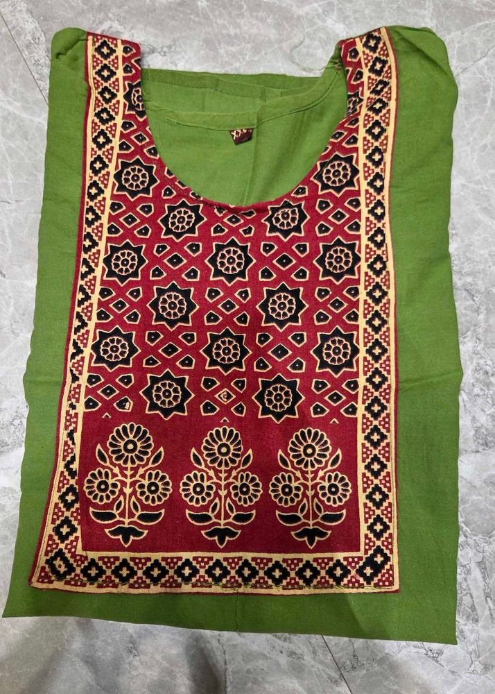 Green Cotton short top with Red Block Print