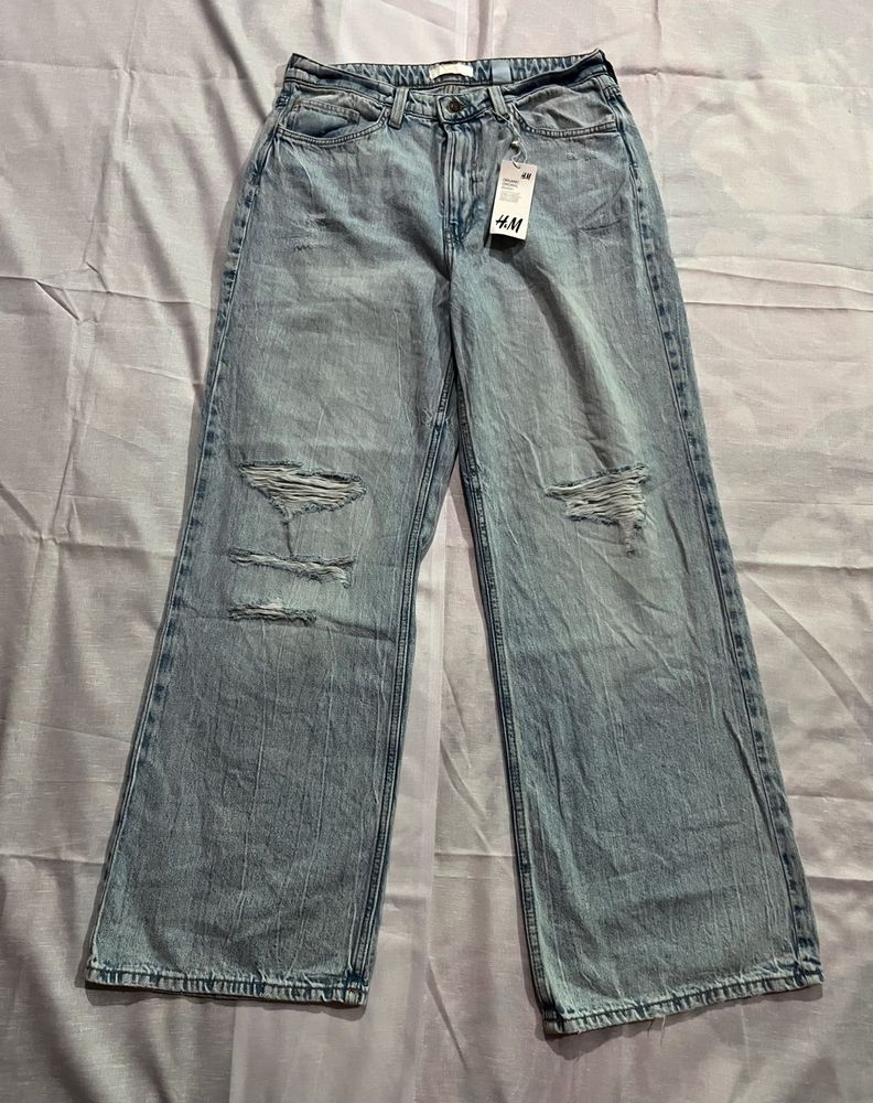 H&amp;M Light Wash Ripped Wide Leg Jeans