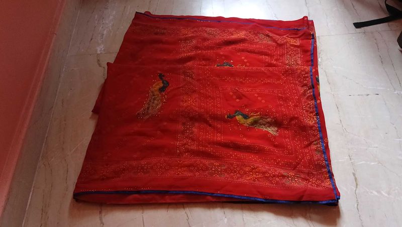 Red Saree with Peacock Motif