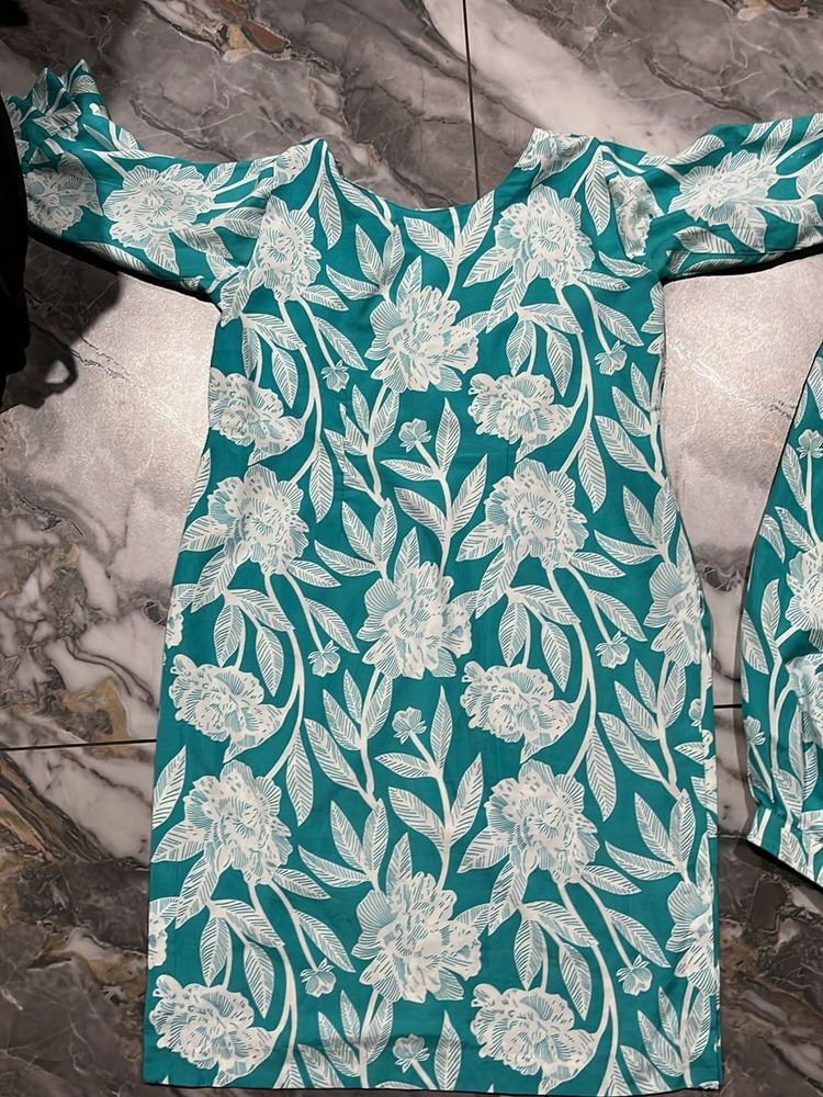 Teal Floral Print Kurta