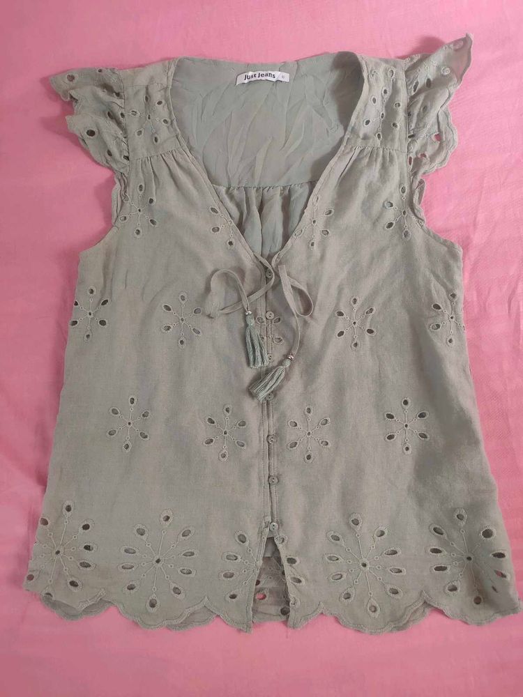 Boho Eyelet Lace Tassel Top