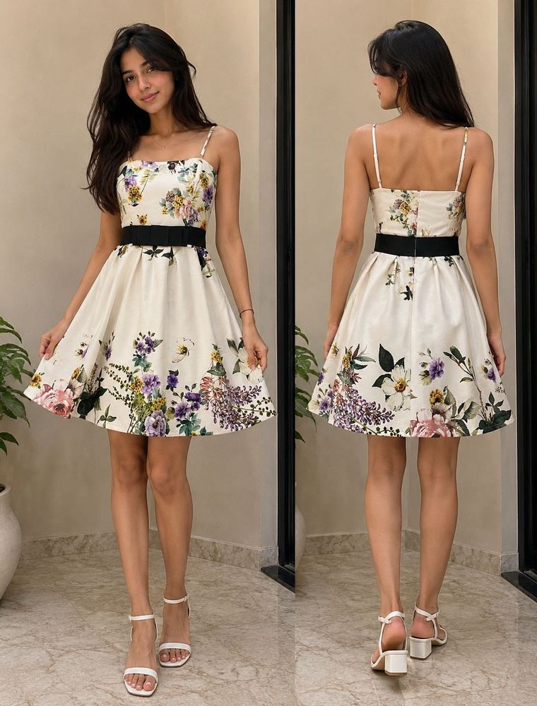 Floral Print Dress with Black Bow