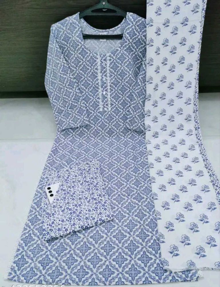 Blue &amp; White Printed Kurta Set with Dupatta
