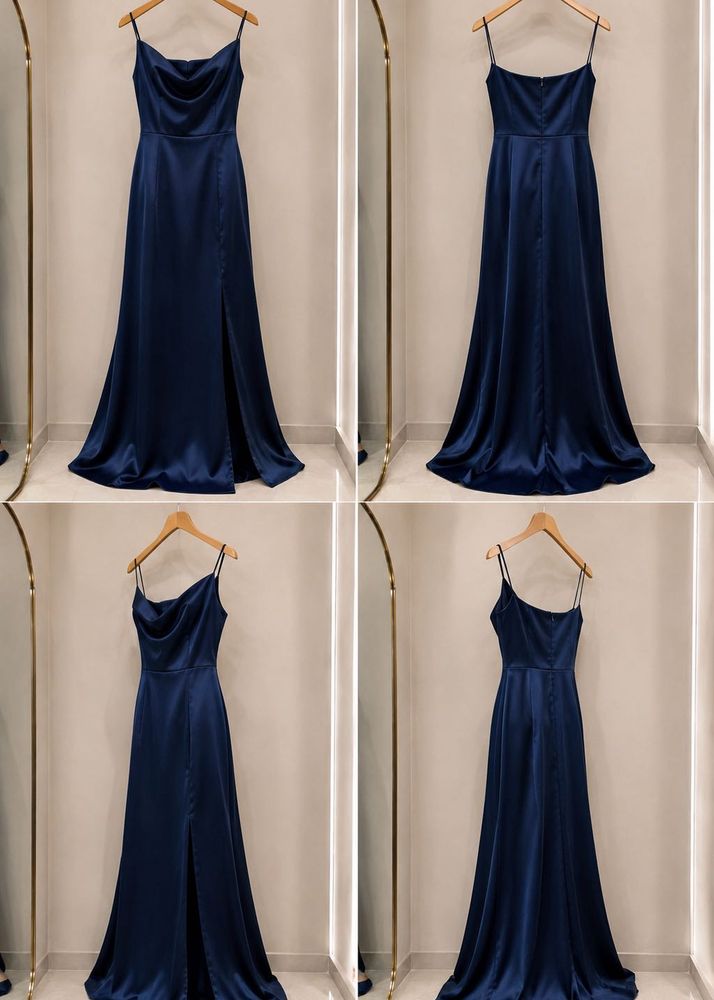 Elegant Navy Blue Satin Maxi Dress
