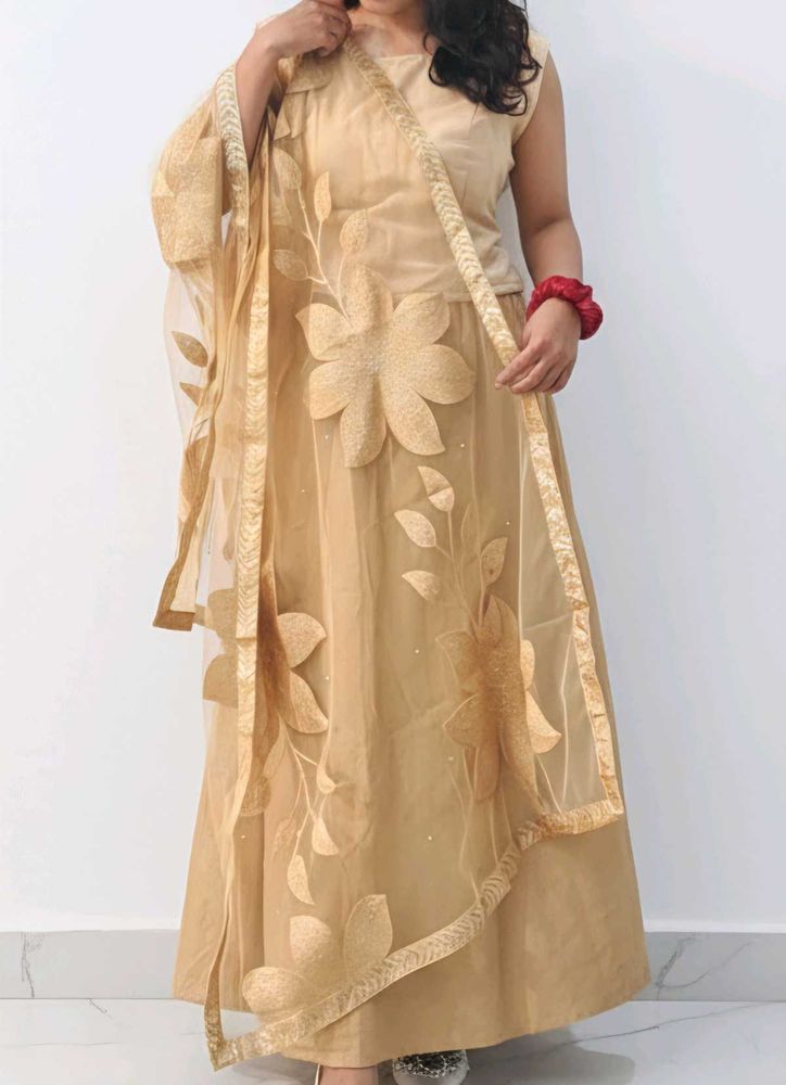 Elegant Gold coloured crop top with skirt