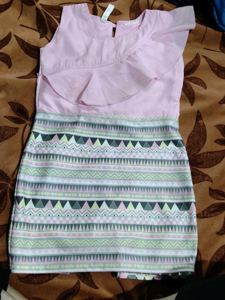 Pink Ruffled Dress with Tribal Print