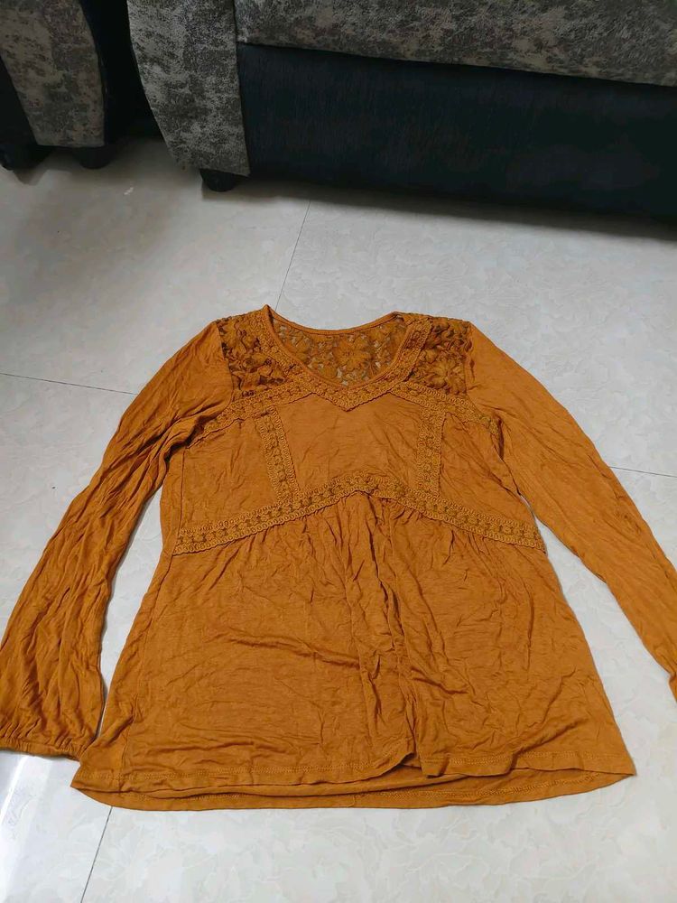 Boho Lace Trim mustard Tunic Top