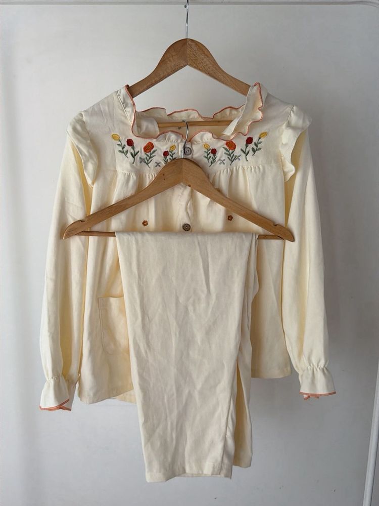 Cozy Cream Pajama Set with Floral Detail