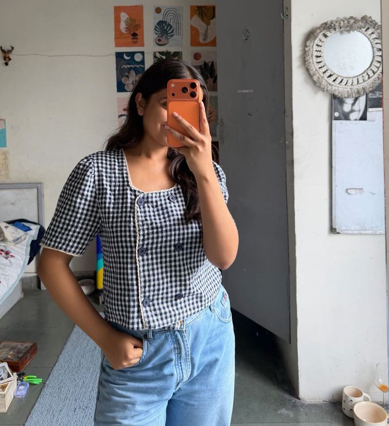 Cute Gingham Square Neck Top