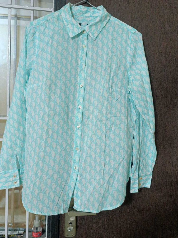 Light Blue/Sea green Seahorse Print Button-Up Shir