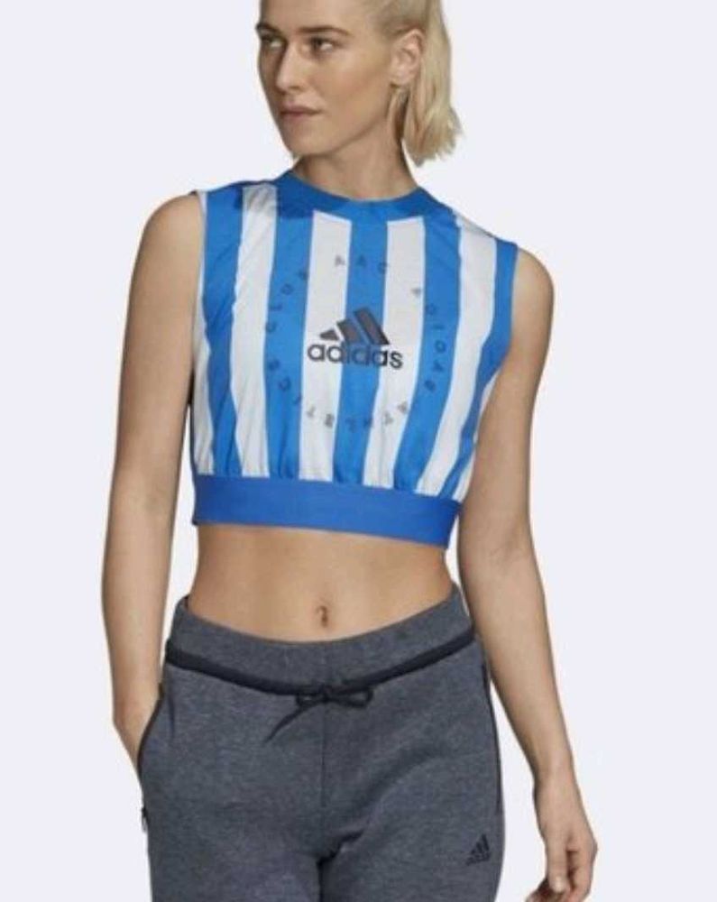 Adidas Blue &amp; White Striped Sleeveless Top