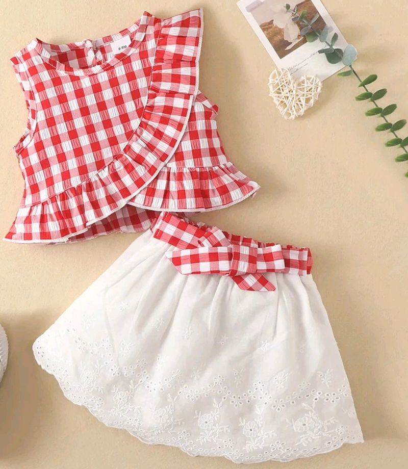 Girl Red Checkered Blouse And Skirt Set