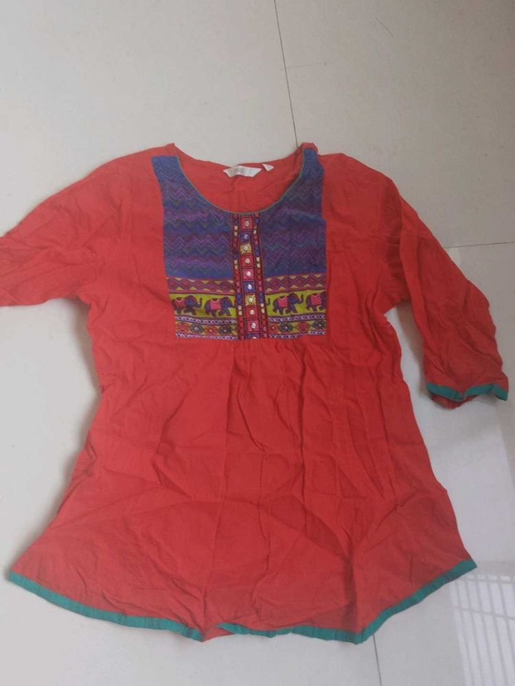 Vibrant Red Kurta with Elephant Print