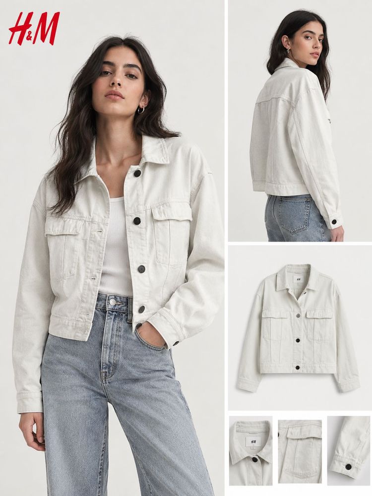 H&amp;M White Cropped Denim Jacket