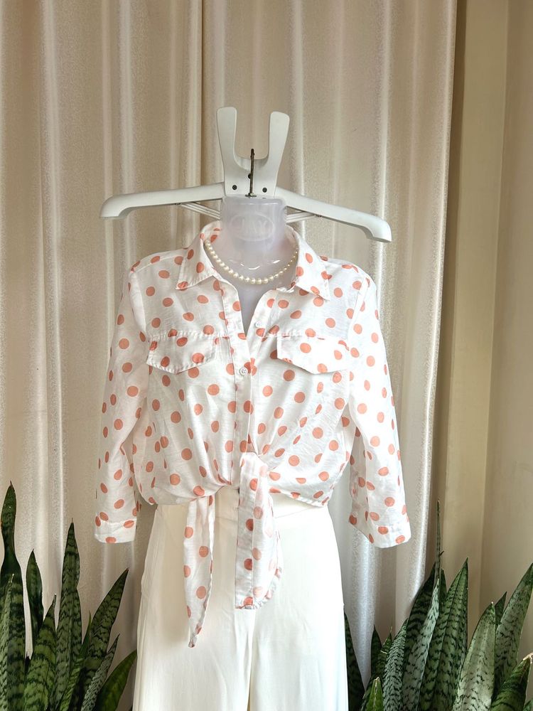Imported Polka Dot Tie-Front top