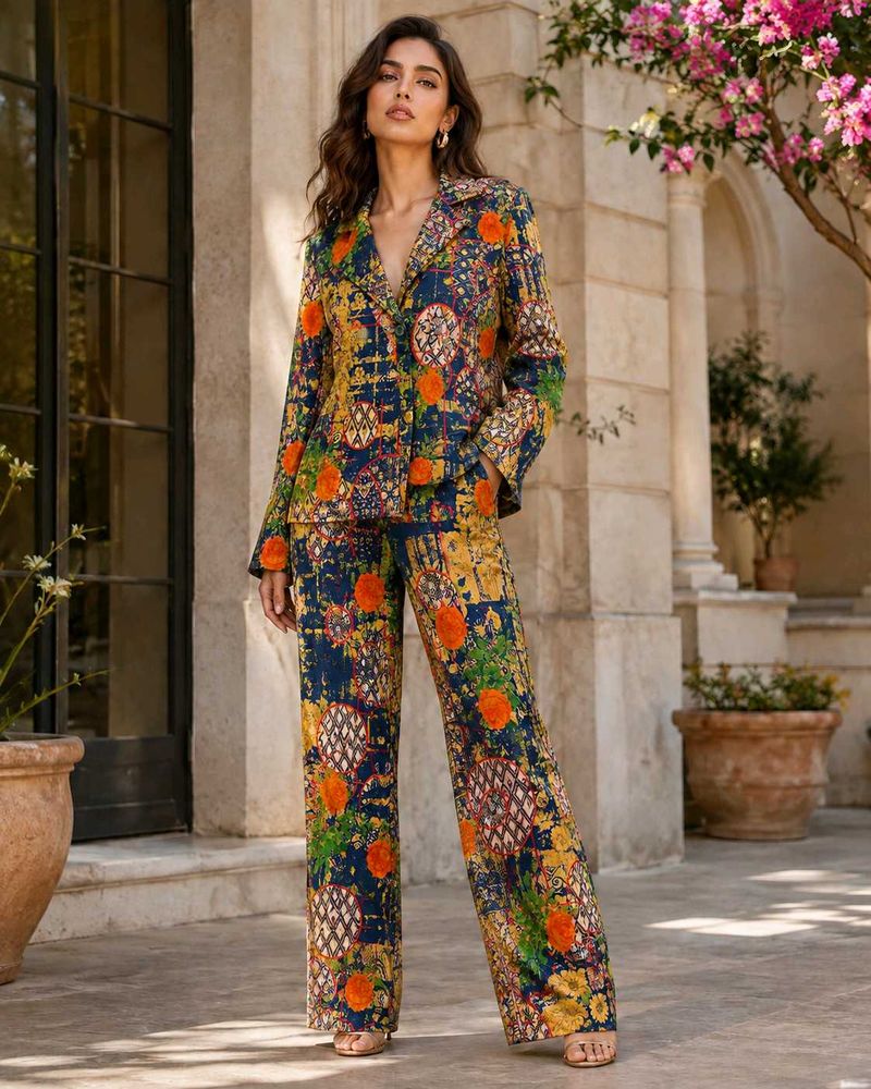 Chic Printed Blazer &amp; Pants Set