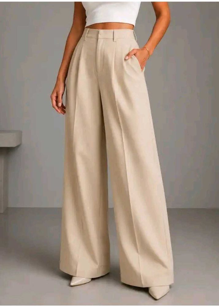 Women relaxed beige viscose rayon trousers